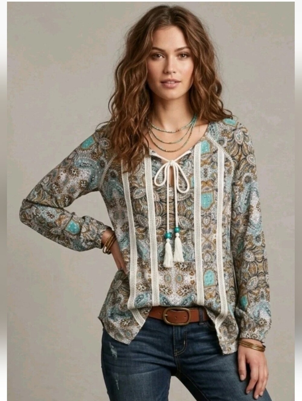 Y2k Democracy Peasant Top Paisley Blue Brown Crocheted Lace Trim Cottagecore L